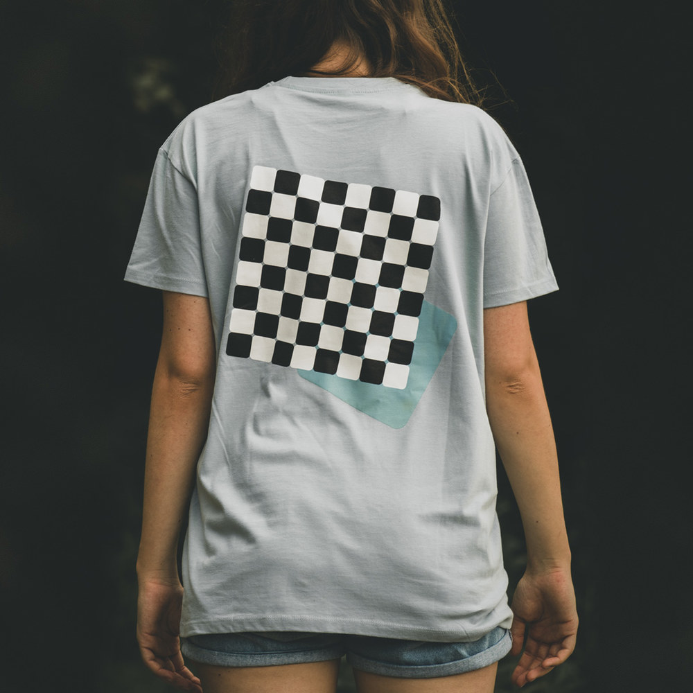 T-SHIRT • CHESS • Ice Blue  |  Back pattern  |  Pieces - white & transparent